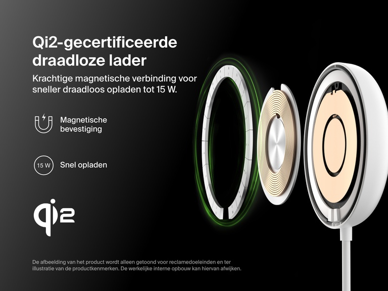 Een explosieweergave van het witte Belkin BoostCharge Pro magnetische draadloze laadstation met Qi2 (15 W) ter illustratie van de interne componenten en de Qi2-certificering, oplaadmogelijkheid met 15 W en de krachtige bevestiging met magneten.
