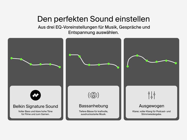 Belkin SoundForm Anywhere Wireless Earbuds with 3 EQ presets including Belkin Signature Sound, Bass Boost, and Balanced for customized audio.