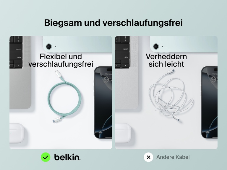 Ein Belkin BoostCharge USB C auf USB C Kabel (60 W) wird zum Vergleich neben einem Standardkabel gezeigt. Es verheddert sich nicht so leicht und ist weich und flexibel.
