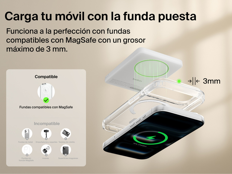 Belkin BoostCharge Slim Magnetic Power Bank 5K with Qi2 wirelessly charging a smartphone through a MagSafe-compatible case up to 3 mm thick for convenient everyday use.