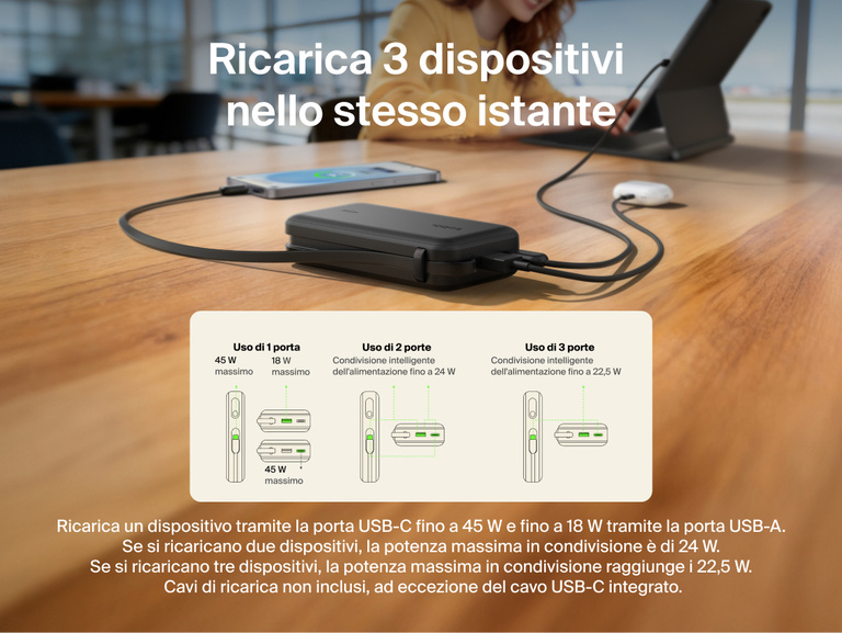 Belkin UltraCharge 10K power bank with integrated USB-C cable and digital display charging up to three devices simultaneously with smart power sharing