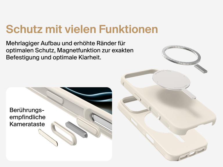 Belkin H&uuml;lle der SheerForce Protect Serie f&uuml;r iPhone 17, geeignet f&uuml;r MagSafe und Qi2 zur zuverl&auml;ssigen magnetischen Befestigung an Ladeger&auml;ten und anderem Zubeh&ouml;r.