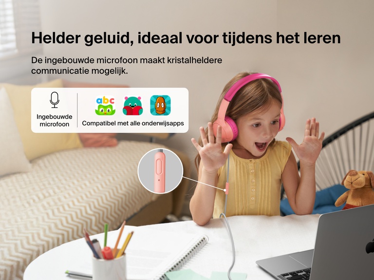 Young girl using Belkin Wired On-Ear Headphones for Kids with a built-in microphone while video chatting on a laptop, highlighting clear audio and compatibility with learning apps for classroom use.
