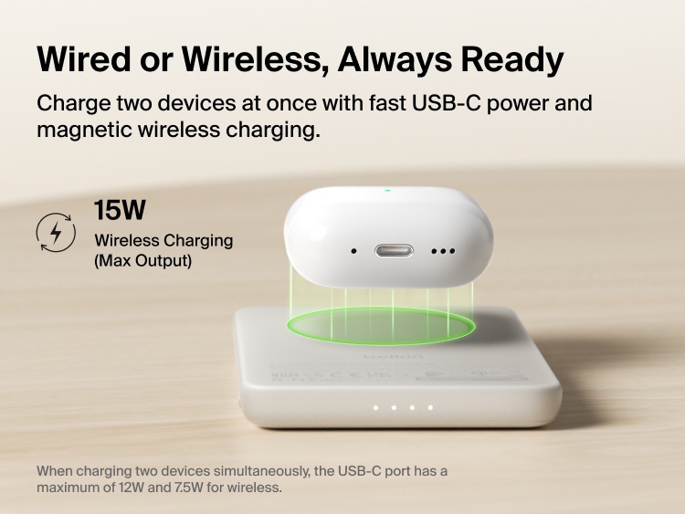 Belkin BoostCharge Slim Magnetic Power Bank 5K with Qi2 providing up to 15W magnetic wireless charging for compatible devices in a slim, portable power bank design.