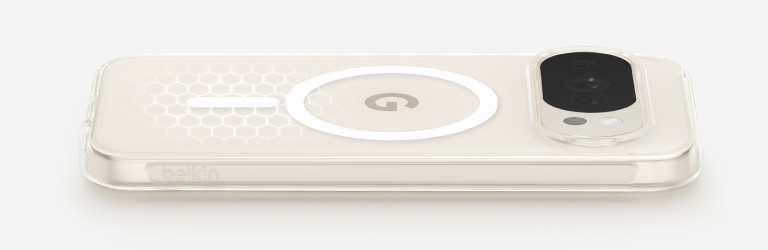 Google Pixel 11 in a clear MagSafe-compatible protective case, showcasing the slim design, raised camera protection, and magnetic charging compatibility.