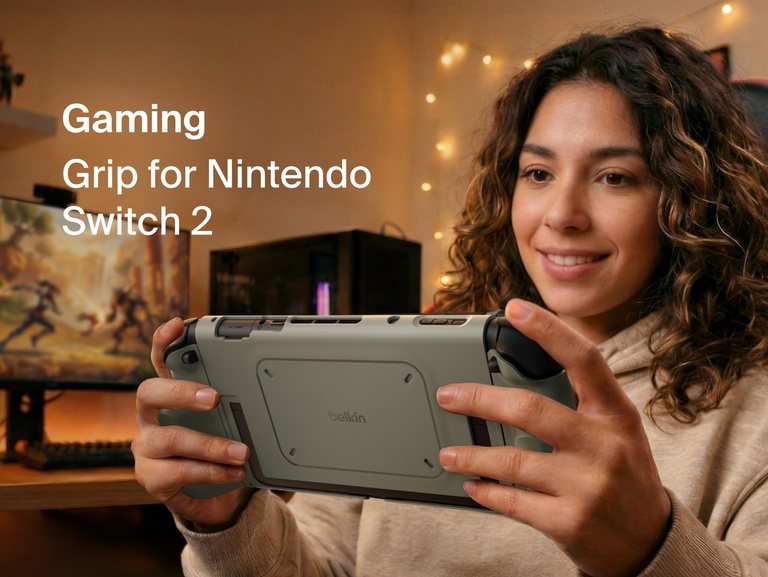 Belkin Gaming Grip for Nintendo Switch 2 with ergonomic detachable grips, dock compatibility, kickstand support, and textured anti-slip design for comfortable gameplay.