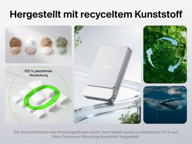 Belkin UltraCharge Slim Magnetic Power Bank 10K highlighting sustainable design made with recycled plastic and plastic-free packaging for eco-friendly portable charging