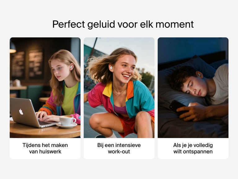 Belkin SoundForm Anywhere Wireless Earbuds shown for focus, workouts, and relaxation with perfect sound for every vibe.