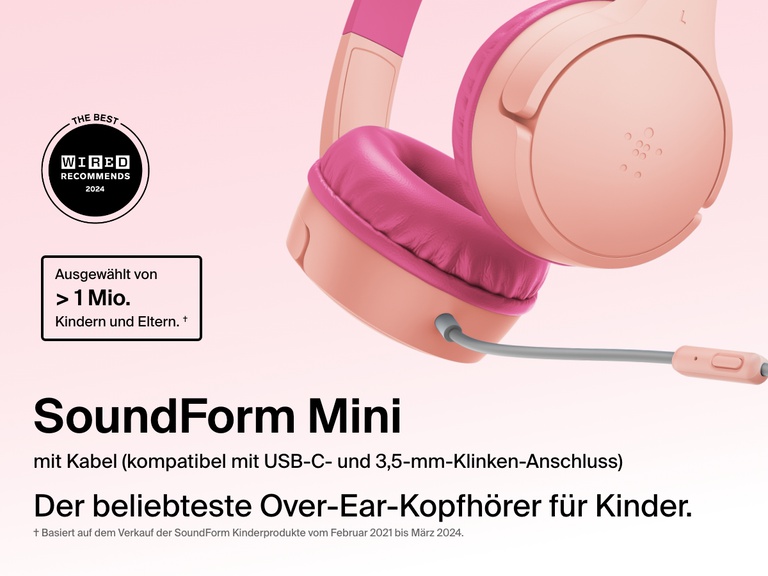 Close-up image of the Belkin SoundForm Mini Wired On-Ear Headphones for Kids, featuring a detachable boom mic and compatibility with USB-C and 3.5mm, promoted as the top choice for over one million kids and parents.