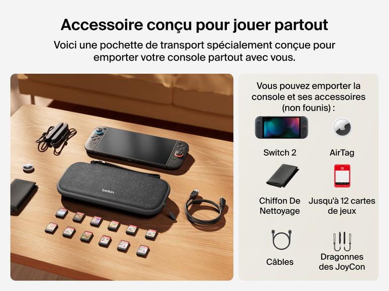 La pochette de transport Belkin Gaming pour Nintendo Switch 2 posée sur une table à côté d'accessoires tels que cartes de jeux, câbles, manettes JoyCon, AiTag et chiffon de nettoyage (tous vendus séparement).