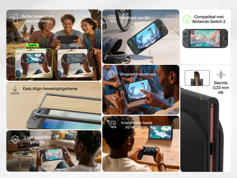 Een collage met de voordelen van de reflectiewerende screenprotector van Belkin voor de Nintendo Switch 2. Afbeeldingen tonen mensen die binnen en buiten gamen, waarbij voordelen zoals reflectiewerende bescherming (vergeleken met andere merken), vingerafdrukbestendigheid en kristalhelder beeld bij het gamen worden benadrukt. Extra informatie verwijst naar het 0,33 mm dunne ontwerp van de screenprotector, het Easy Align-bevestigingsframe, de hardheid van 9H en de compatibiliteit met Nintendo Switch 2. Een label geeft een beperkte levenslange garantie aan.