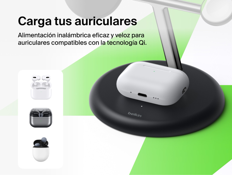 Belkin UltraCharge 3-in-1 Wireless Charging Stand with Qi2 25W charging Qi-enabled earbuds case on base pad with seamless wireless power feature highlighted