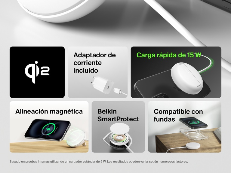 Sumario de las características principales de la base magnética de carga inalámbrica con Qi2 de 15 W BoostCharge Pro de Belkin de color blanco, resaltando la certificación Qi2, la fuente de alimentación incluida, la carga rápida de 15 W, la alineación magnética, el sistema de seguridad Belkin SmartProtect y la compatibilidad con fundas.