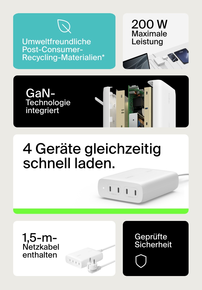 Vier Geräte gleichzeitig schnell laden.