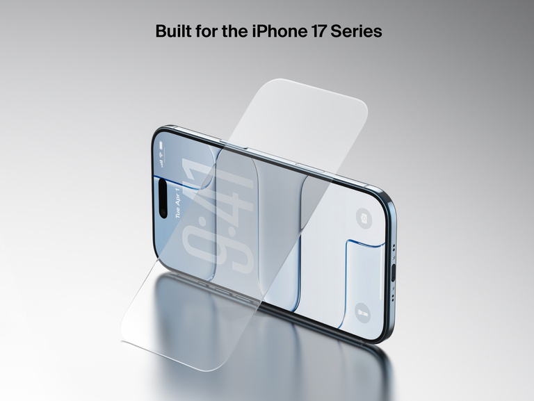 Belkin ScreenForce TemperedGlass Screen Protector shown on the latest iPhone, providing durable edge-to-edge protection with crystal-clear clarity.