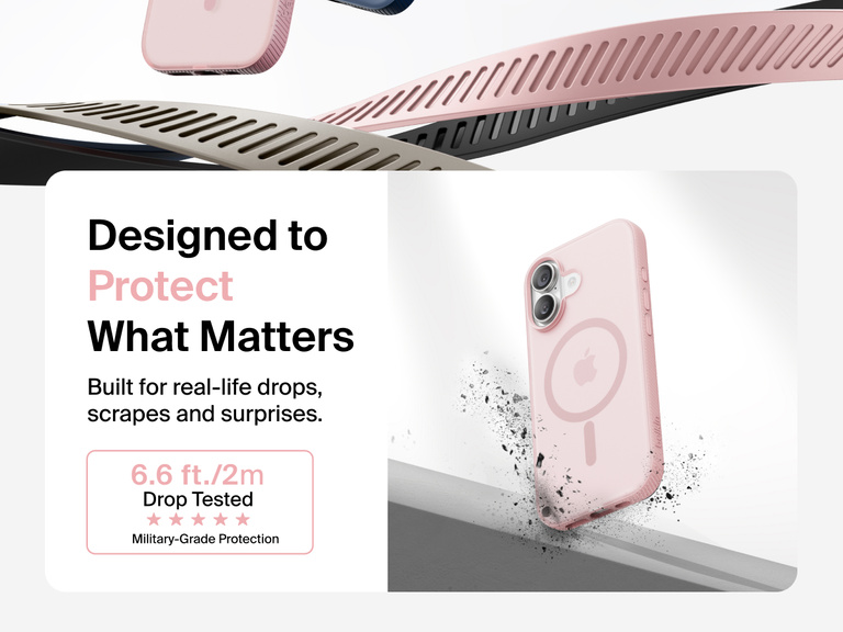 Belkin SheerForce Grip Series Case for iPhone 17 shown with textured grip and impact protection against drops.