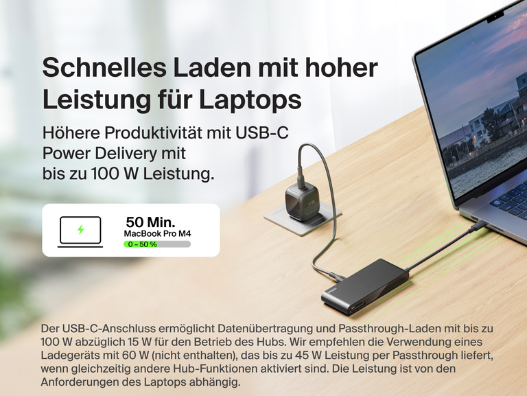 Belkin Connect 8-Port USB-C-Hub mit 2,5 Gb Ethernet Anschluss, der mit einem Laptop und einem Ladegerät verbunden ist, wodurch USB-C Power Delivery mit bis zu 100 W zum schnellen, effizienten Laden des Laptops veranschaulicht wird.