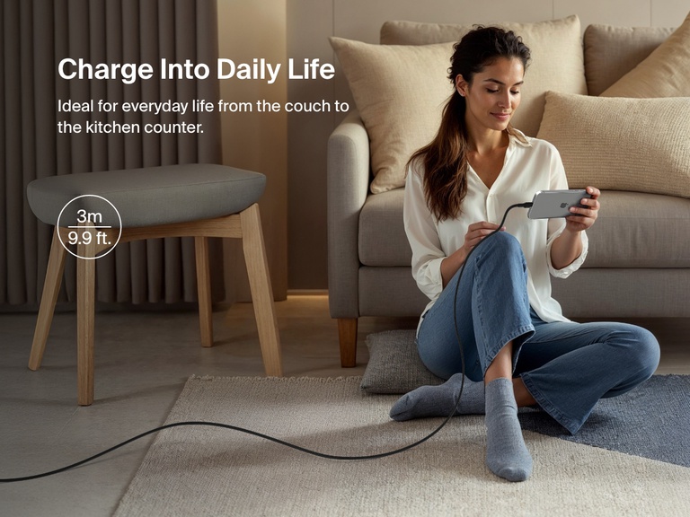 Woman sitting on the floor using a phone connected to the Belkin BoostCharge Pro USB-C to USB-C Braided Cable 240W, shown in a 3-meter (9.9 ft) length for everyday charging flexibility.