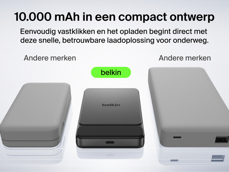 Belkin UltraCharge Slim Magnetic Power Bank 10K highlighting premium aluminum finish, ergonomic grip, soft-touch magnetic surface, digital display, and portable wireless charging design