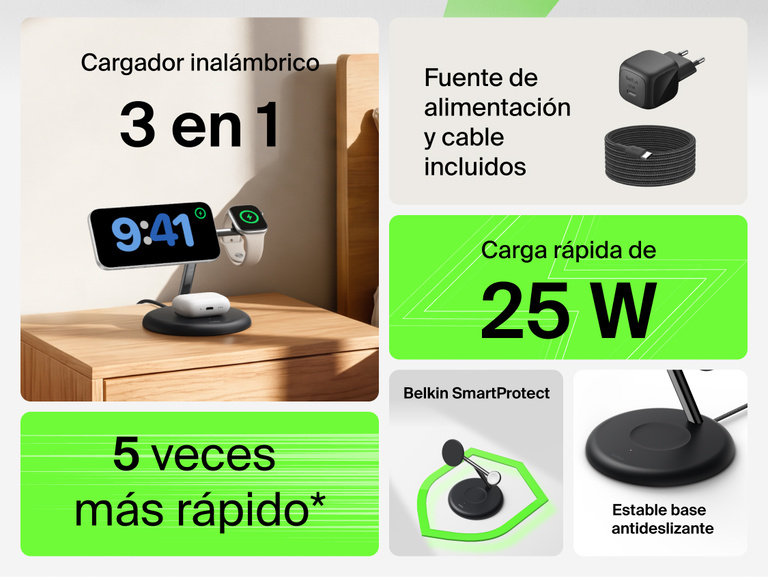 Belkin UltraCharge 3-in-1 Wireless Charging Stand with Qi2 25W showcasing compact design with integrated Apple Watch charger and earbuds dock