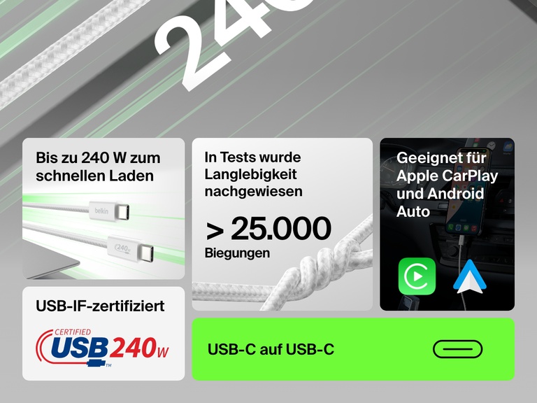 Infografik, in der das Belkin BoostCharge USB C auf USB C Kabel, 240 W, gezeigt wird, das Schnellladen mit bis zu 240 W ermöglicht, mehr als 25.000 Biegungen standhält, sich für Apple CarPlay und Android Auto eignet und über eine USB-IF-Zertifizierung verfügt.