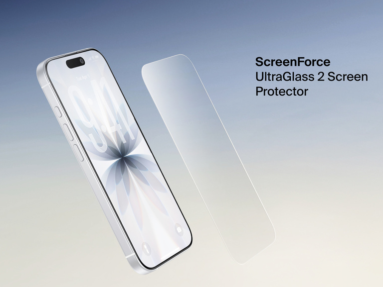 Belkin ScreenForce UltraGlass 2 Screen Protector shown next to an iPhone for durable, edge-to-edge screen protection.