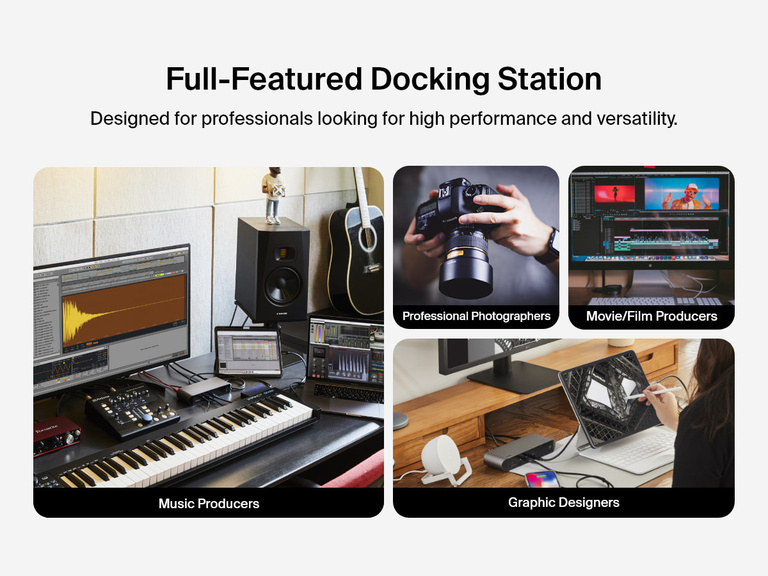 Collage showcasing the Belkin Connect Pro Thunderbolt 4 Dock used by music producers, photographers, filmmakers, and graphic designers, highlighting its versatility and high performance for creative professionals.