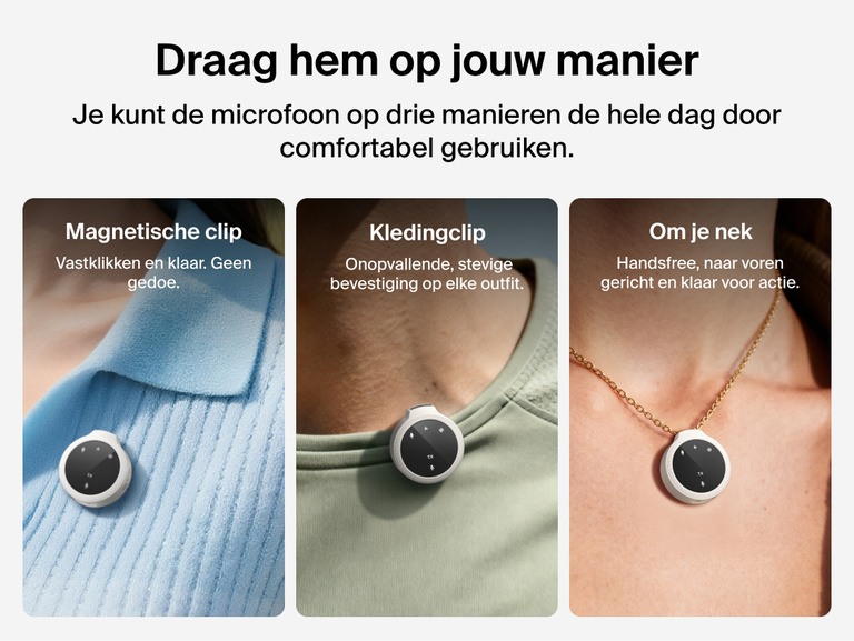Een promotionele lay-out toont drie manieren om een kleine, ronde draadloze microfoon te dragen. Links: de microfoon bevestigd op een shirt met een magnetische clip. Midden: de microfoon vastgemaakt op kleding met een standaard clip. Rechts: de microfoon gedragen aan een koord om de nek. Elke optie wordt op de borst van een persoon getoond om de plaatsing te laten zien.