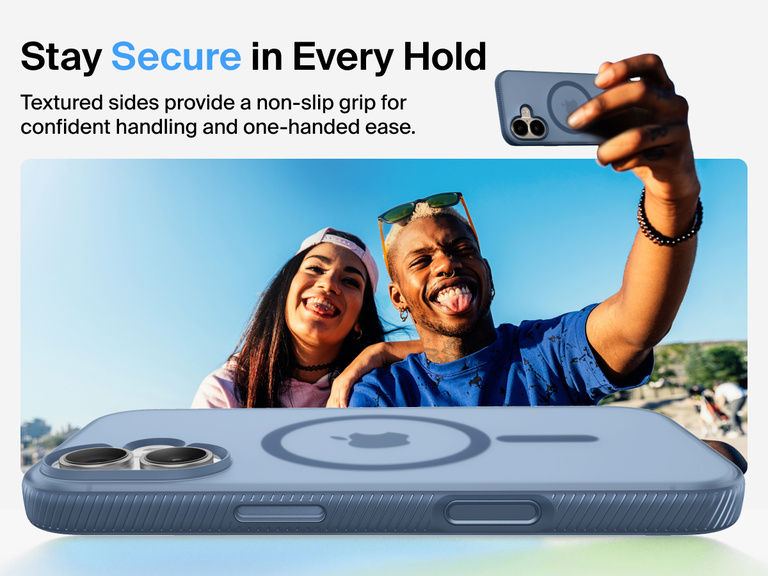 Belkin SheerForce Grip Series Case for iPhone 17 with military-grade drop protection and textured non-slip grip.