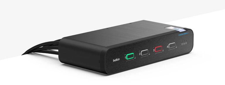 A sleek, black Belkin Universal DisplayPort Secure KVM 4-Port Dual Head with CAC and USB-C device, featuring illuminated port indicators and labeled buttons for secure switching between two computers.