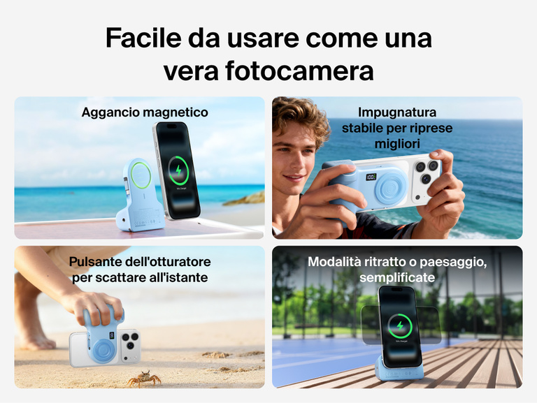 Belkin Stage PowerGrip shown in various scenes demonstrating magnetic snap-on attachment, stable camera-like grip, one-touch shutter, and easy portrait or landscape phone positioning.