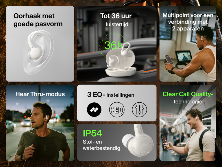 Belkin SoundForm ActiveFit Wireless Earbuds with up to 36h battery life, secure ear hook, IP54 dust and water resistance, Hear-Thru mode, multipoint connection, 3 EQ presets, and clear call quality.