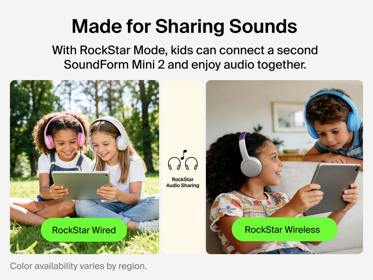 SoundForm Mini 2 Wireless On-Ear Headphones for Kids RockStar Mode lifestyle scenes: two girls sharing audio via wired connection outdoors, and two kids sharing audio wirelessly on a tablet indoors, labeled RockStar Wired and RockStar Wireless