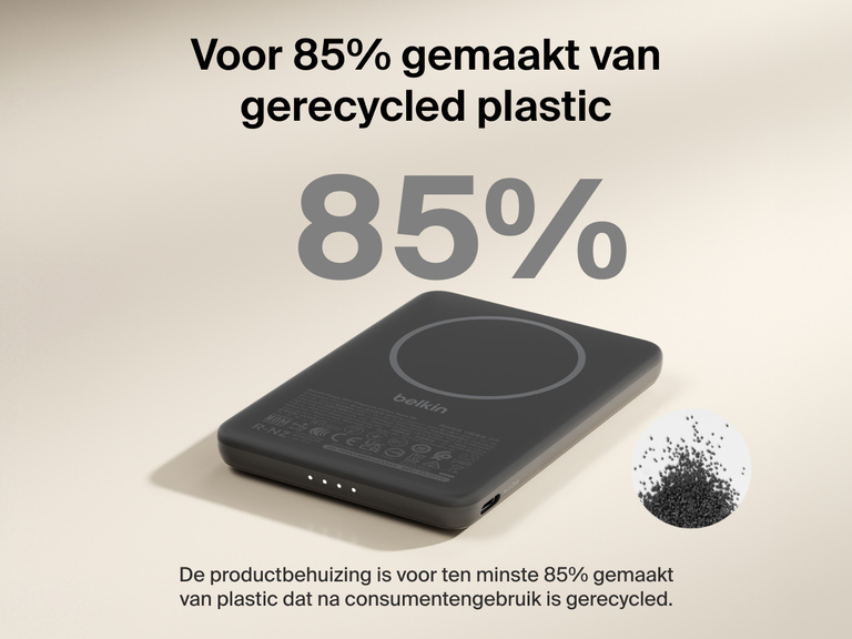 Belkin BoostCharge Slim Magnetic Power Bank 5K shown with text highlighting that its housing is made from 85% post-consumer recycled plastic for sustainable design.