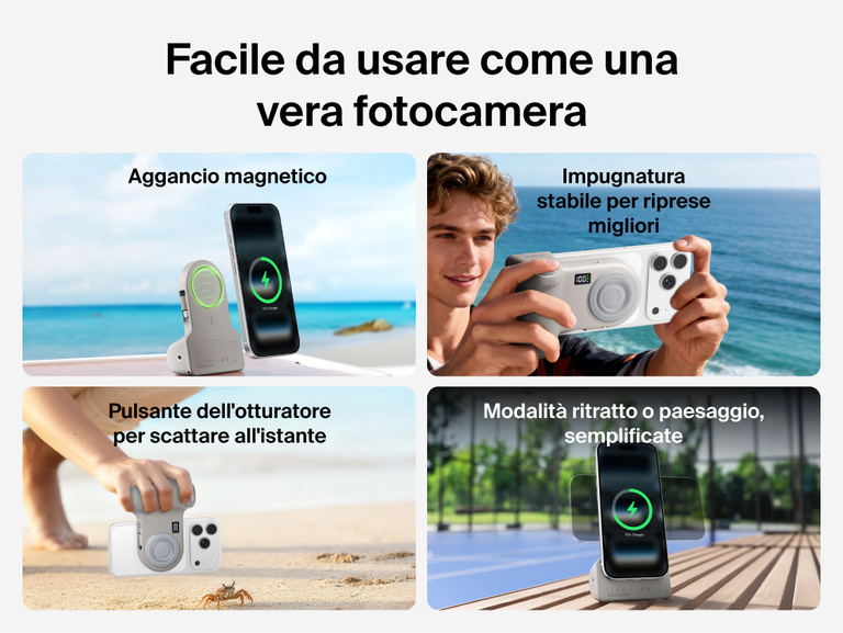 Belkin Stage PowerGrip shown in various scenes demonstrating magnetic snap-on attachment, stable camera-like grip, one-touch shutter, and easy portrait or landscape phone positioning.