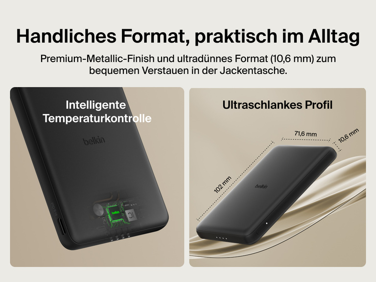 Belkin BoostCharge Slim Magnetic Power Bank 5K shown with smart thermal control and ultra-slim 0.5-inch profile designed for portable, pocket-friendly charging.