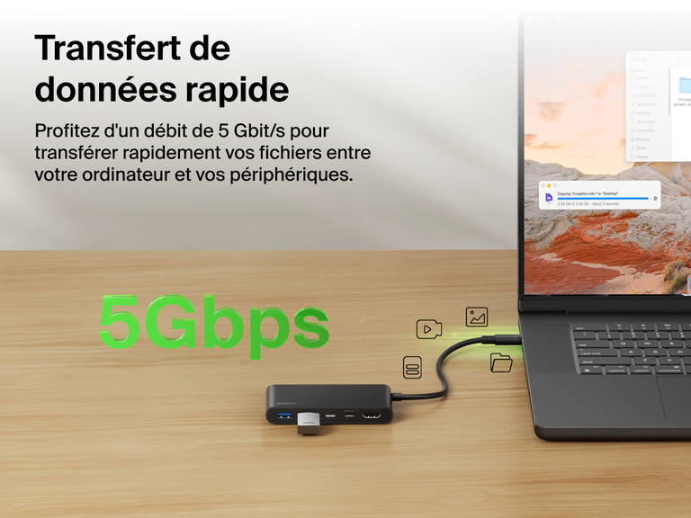 Belkin Connect 5-Port USB-C Hub with Dual USB-C Ports enables high-speed data transfer up to 5Gbps between laptop and connected devices.