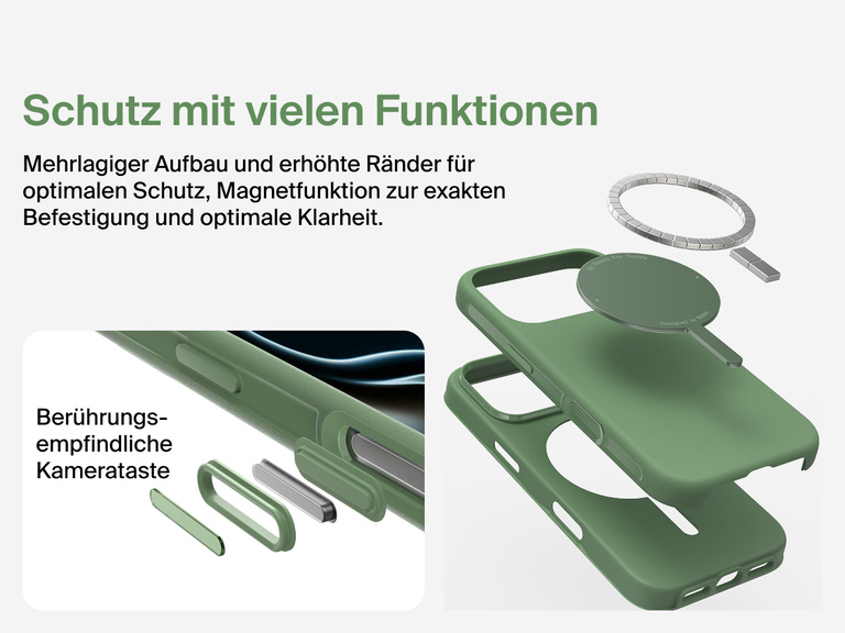 Belkin H&uuml;lle der SheerForce Protect Serie f&uuml;r iPhone 17, geeignet f&uuml;r MagSafe und Qi2 zur zuverl&auml;ssigen magnetischen Befestigung an Ladeger&auml;ten und anderem Zubeh&ouml;r.