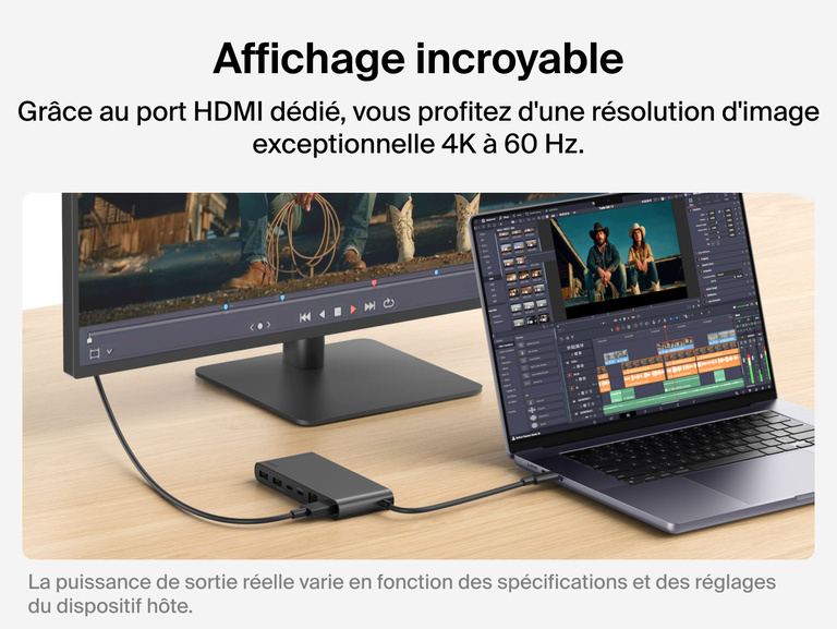 Hub USB-C Belkin Connect &agrave; 8&nbsp;ports dont 1&nbsp;port Ethernet 2,5&nbsp;Gbit/s connect&eacute; &agrave; un ordinateur portable et un moniteur externe via le port HDMI, affichant des images 4K &agrave; 60&nbsp;Hz pour une exp&eacute;rience visuelle immersive.