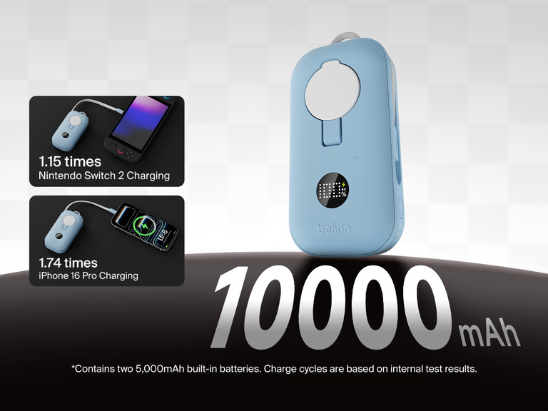 Belkin BoostCharge Slim Magnetic Power Bank 5K shown charging a smartphone and wireless earbuds simultaneously, demonstrating dual charging with 7.5W USB-C and 5W wireless shared power output.