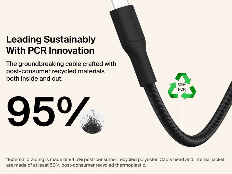 Belkin Gaming USB-C to USB-C Cable 60W for Nintendo Switch 2 is sustainably made with up to 95% post-consumer recycled materials, including braided polyester and thermoplastic components.