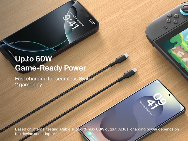 Belkin Gaming USB-C to USB-C Cable 60W provides fast, game-ready power for Nintendo Switch 2, smartphones, and USB-C devices, supporting up to 60W charging output.