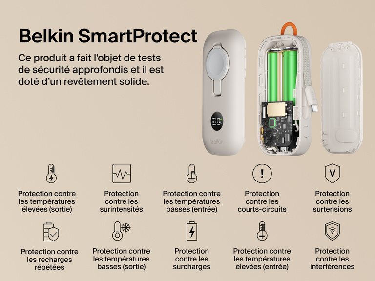 Image de la batterie externe 10K Belkin BoostCharge&nbsp;Pro avec module de recharge pour Apple&nbsp;Watch et de la technologie Belkin SmartProtect qui offre une protection contre la surcharge, les courts-circuits, la surchauffe et la surtension.