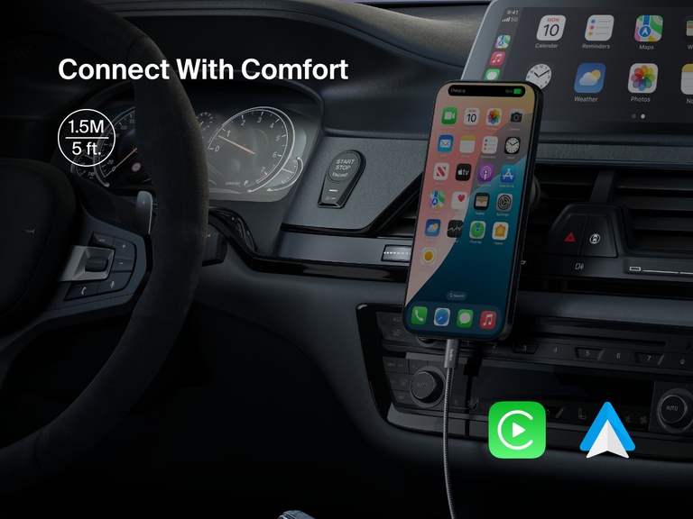Smartphone connected in a car using the Belkin BoostCharge USB-A to USB-C Cable 15W, featuring a 1.5-meter length for convenient in-vehicle charging and support for Apple CarPlay and Android Auto.