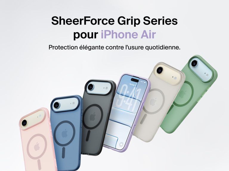 Belkin SheerForce Grip Series protective case for iPhone 17 shown in pink, clear, and black with slim design and MagSafe compatibility.