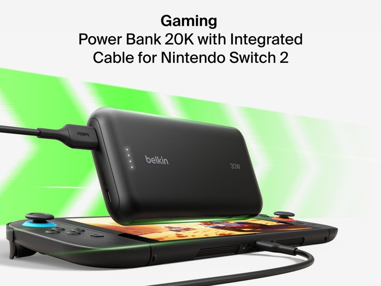 Belkin Gaming Power Bank 20K with integrated USB-C cable delivers 30W fast charging for the Nintendo Switch 2, enabling extended portable gameplay.