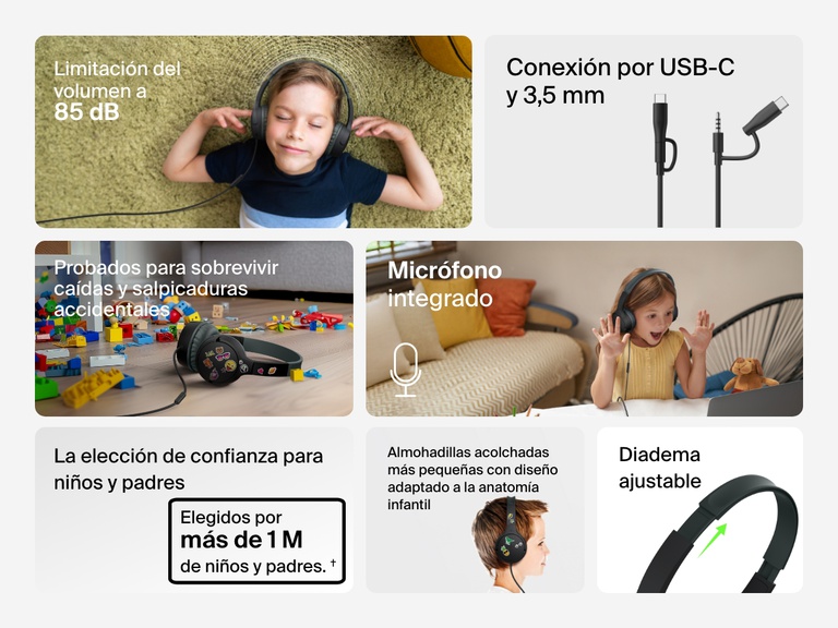 Collage of images highlighting key features of the Belkin Wired On-Ear Headphones for Kids, including an 85dB volume limit, USB-C and 3.5mm connection, built-in microphone, drop and spill resistance, plush kid-sized earcups, and adjustable headband.