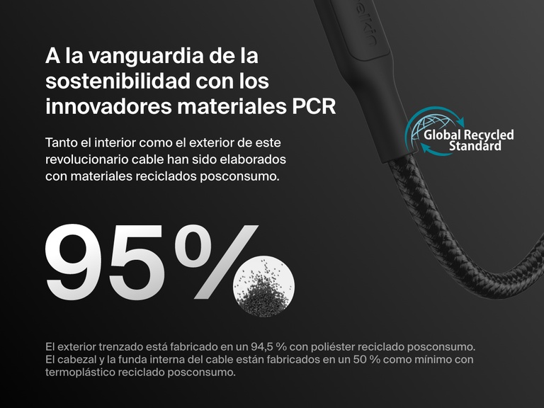 Belkin BoostCharge Pro USB-C to USB-C Braided Cable 240W shown with sustainability callouts highlighting 95% recycled materials and Global Recycled Standard certification.