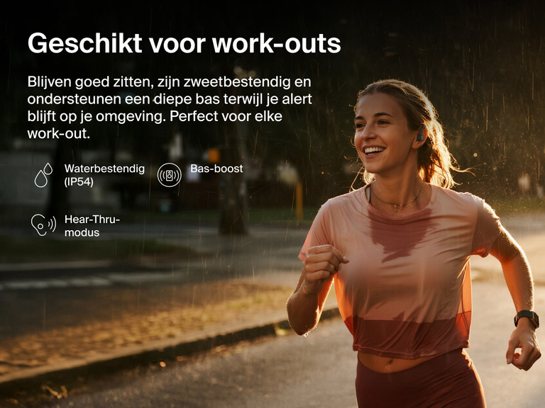 Belkin SoundForm ActiveFit Wireless Earbuds with secure fit, IP54 water resistance, bass boost, and Hear-Thru mode, shown on a runner in the rain.