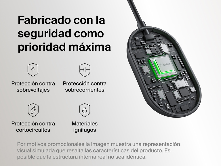 Se muestra una vista interna simulada del adaptador inal&aacute;mbrico para pantalla HDMI Belkin Connect Air en la que se resaltan sus funciones de seguridad como la protecci&oacute;n contra sobrevoltajes, sobrecorrientes y cortocircuitos o los materiales ign&iacute;fugos de su estructura.